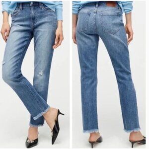 J.CREW Slim Midrise Boyfriend Jeans – Size 2 – Distressed Knees & Raw Fringe Hem